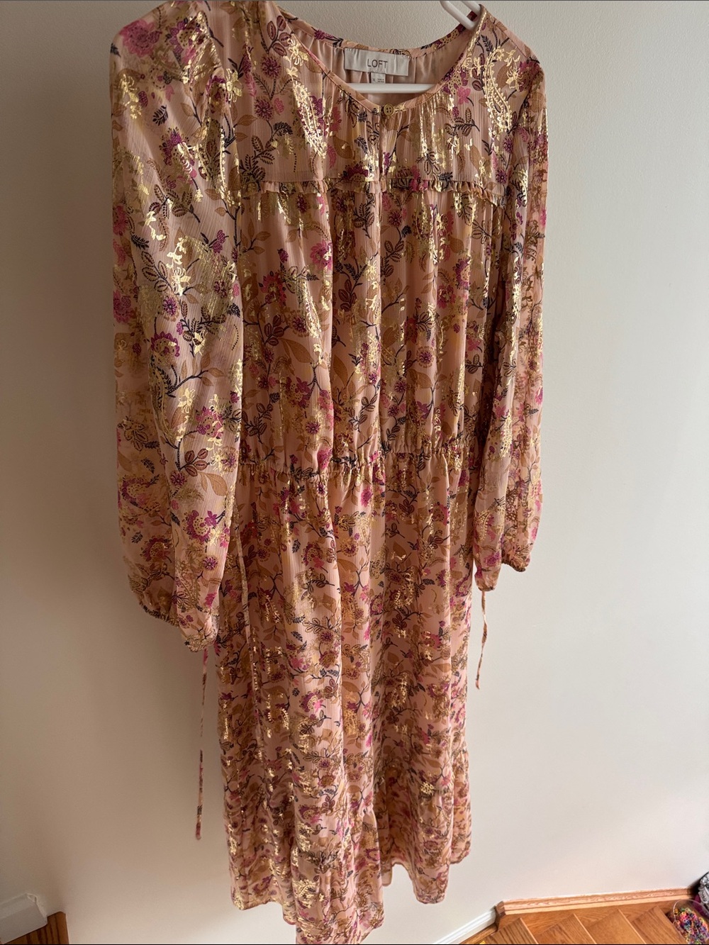 LOFT Pink and Gold Floral Long-Sleeve Midi Dress